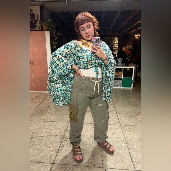 190B. Tie Waistband Cargo Denim Jogger - Green - Picture 2 of 7